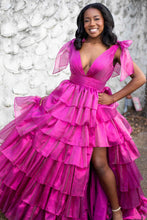 August | Glitter Tie Straps Pink Plunging Neck Tiered Long Prom Dress