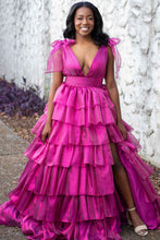 August | Glitter Tie Straps Pink Plunging Neck Tiered Long Prom Dress