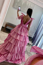 August | Glitter Tie Straps Pink Plunging Neck Tiered Long Prom Dress