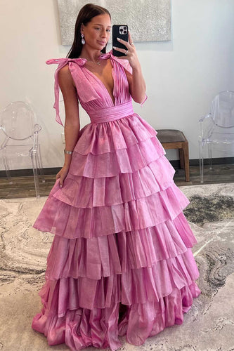 August | Glitter Tie Straps Pink Plunging Neck Tiered Long Prom Dress