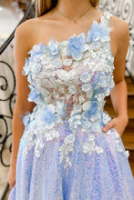 Azaria | Lilac One Shoulder 3D Flowers Sequin Long Formal Dress