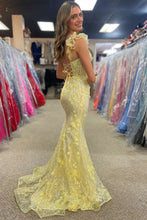 Mckinley | Yellow Ruffle Straps 3D Flower Mermaid Long Prom Dress
