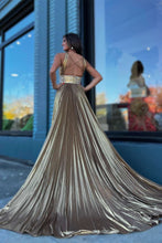 Macy | Pleated Criss Cross Straps Metallic Long Prom Dress