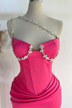 Raina | Hot Pink One Shoulder Rhinestones Pleated Long Prom Dresses
