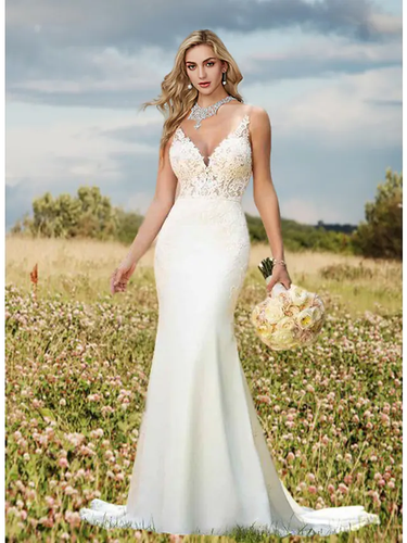 Wedding Dresses V Neck  Lace Charmeuse Regular Straps Sexy Backless with Draping Appliques