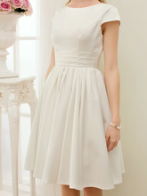 A-Line Wedding Dresses Jewel Neck Knee Length Satin Short Sleeve Formal Simple Casual Little White Dress with Sash  Ribbon