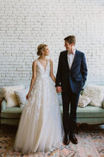 Fabulous Ivory V-neck Long Beach Wedding Dress with Lace Appliques, MW270
