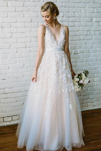 Fabulous Ivory V-neck Long Beach Wedding Dress with Lace Appliques, MW270