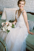 Fabulous Ivory V-neck Long Beach Wedding Dress with Lace Appliques, MW270