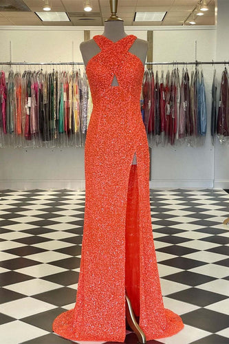 Fitted Criss Coss Neck Orange Prom Dress with Slit SYP88