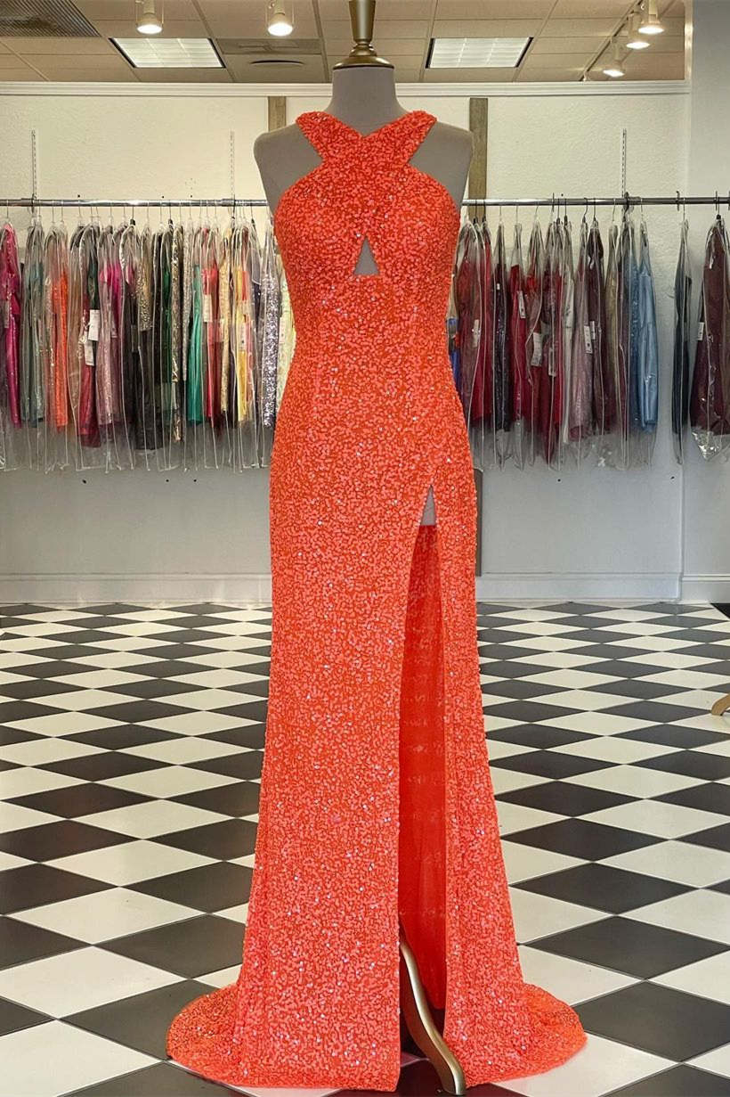 Fitted Criss Coss Neck Orange Prom Dress with Slit SYP88