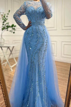 Floor-Length Mermaid Tulle Long Sleeves Beadings Ocean Blue Prom Dresses with Appliques