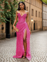 Red Strapless Beaded Fringe Waist Sequin Prom Dress with High Slit