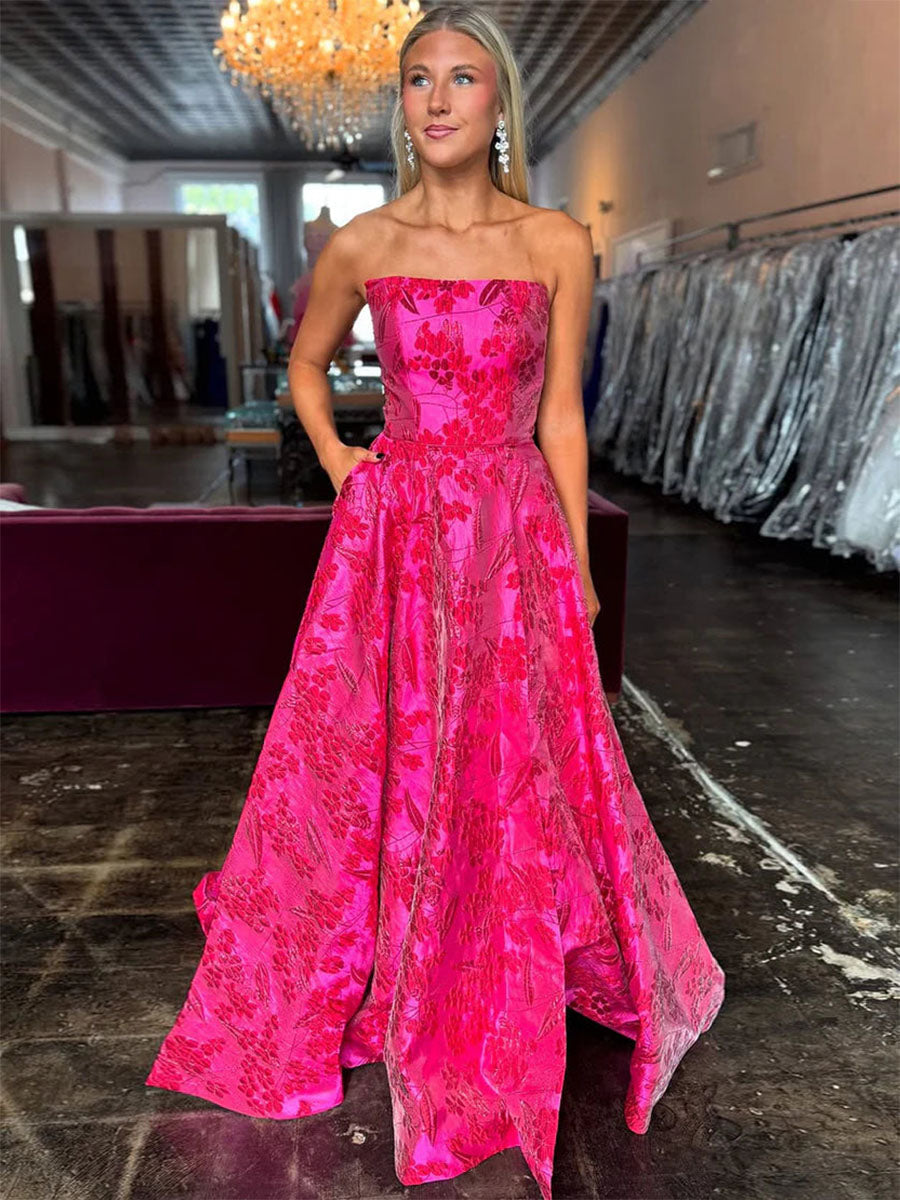 Fuchsia A Line Strapless Jacquard Satin Long Prom Dress with Pockets Anna PromDress Fuchsia A Line Strapless Jacquard Satin Long Prom Dress with Pockets Anna PromDress