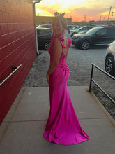 Fuchsia Satin Mermaid Long Prom Dress with Ruffled Shoulders