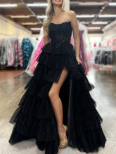 Fuchsia Strapless Tiered Ruffles Corset Prom Dress with Slit