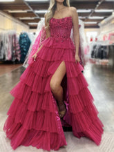 Fuchsia Strapless Tiered Ruffles Corset Prom Dress with Slit