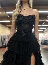 Fuchsia Strapless Tiered Ruffles Corset Prom Dress with Slit