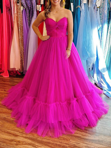Fuchsia Sweetheart Strapless Tiered Tulle Long Prom Dress