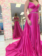 Fuchsia A Line Sequin Strap Pleated Long Prom Dress with Keyhole