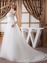 A-Line Wedding Dresses High Neck Court Train Lace Satin Tulle Regular Straps with Ruched Beading Appliques