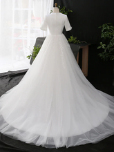 A-Line Wedding Dresses V Neck Court Train Satin Tulle Half Sleeve Simple Elegant with Appliques