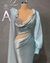 Glamorous Long Mermaid V-neck Long Sleeves Prom Dress With Ruffles And Stones