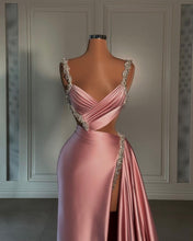 Glamorous Long Pink Straps Satin Split Front Beading Prom Dress With Ruffles