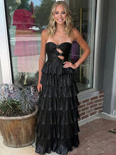Glamorous Black Strapless Tiered Pleated Cutout Long Prom Dress