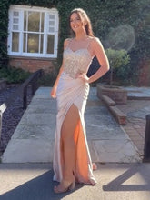 Glamorous Champagne Beaded Bodice Satin Prom Dress with High Slit