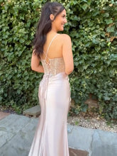 Glamorous Champagne Beaded Bodice Satin Prom Dress with High Slit