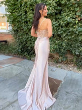 Glamorous Champagne Beaded Bodice Satin Prom Dress with High Slit