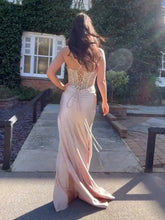 Glamorous Champagne Beaded Bodice Satin Prom Dress with High Slit