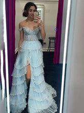 Glamorous Champagne Beaded Tiered Ruffle Corset Prom Dress with Slit