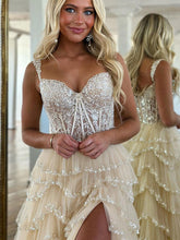 Glamorous Champagne Beaded Tiered Ruffle Corset Prom Dress with Slit