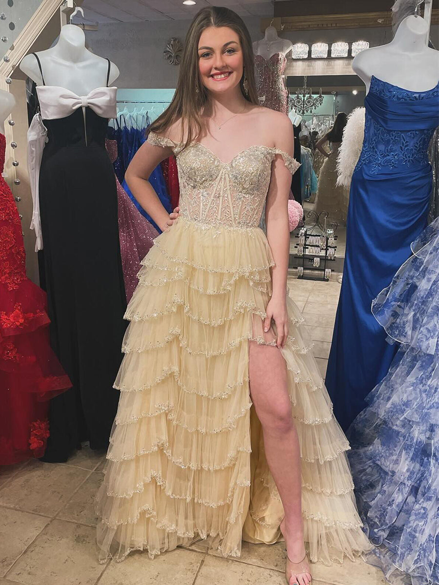 Glamorous Champagne Beaded Tiered Ruffle Corset Prom Dress with Slit