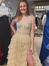 Glamorous Champagne Beaded Tiered Ruffle Corset Prom Dress with Slit