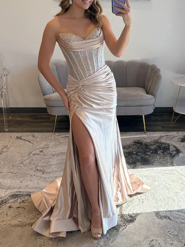 Glamorous Champagne Strapless Crystal Corset Satin Prom Dress with High Slit