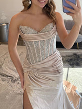 Glamorous Champagne Strapless Crystal Corset Satin Prom Dress with High Slit