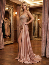 Glamorous Dusty Rose Beaded Sheer Corset Prom Dress with High Slit