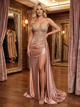 Glamorous Dusty Rose Beaded Sheer Corset Prom Dress with High Slit