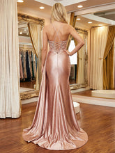 Glamorous Dusty Rose Beaded Sheer Corset Prom Dress with High Slit