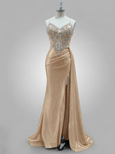 Glamorous Dusty Rose Beaded Sheer Corset Prom Dress with High Slit