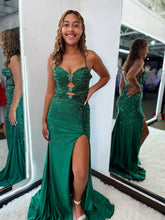 Glamorous Emerald Green Cutout Shimmer Prom Dress with Slit