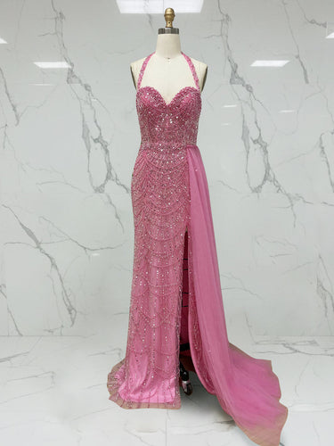 Glamorous Hot Pink Beaded Halter Prom Dress with High Slit