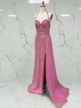 Glamorous Hot Pink Beaded Halter Prom Dress with High Slit
