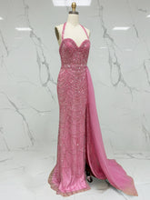 Glamorous Hot Pink Beaded Halter Prom Dress with High Slit