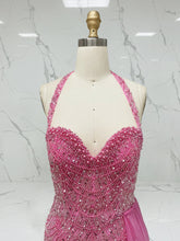 Glamorous Hot Pink Beaded Halter Prom Dress with High Slit