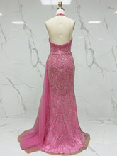 Glamorous Hot Pink Beaded Halter Prom Dress with High Slit