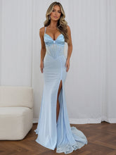 Glamorous Icy Blue Glitter Corset Prom Dress with Thigh-High Slit